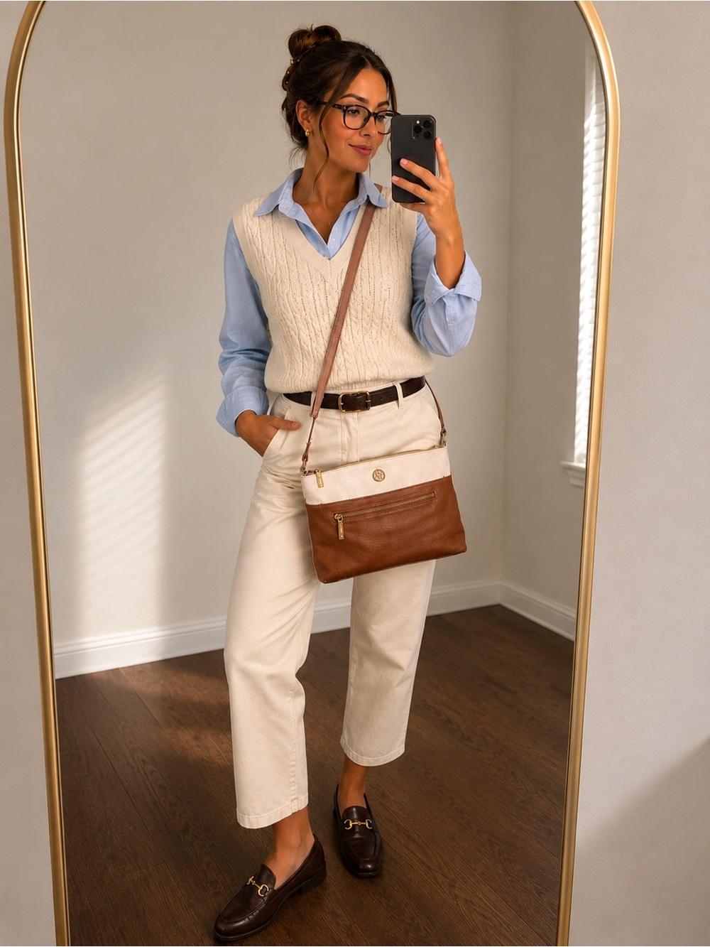 Anne Klein Colorblock Crossbody Bag – Cream & Cognac
